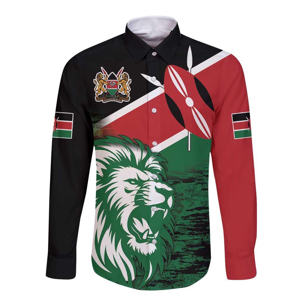 Kenya Lion Head Long Sleeve Button Shirt Flag Style - Wonder Print Shop