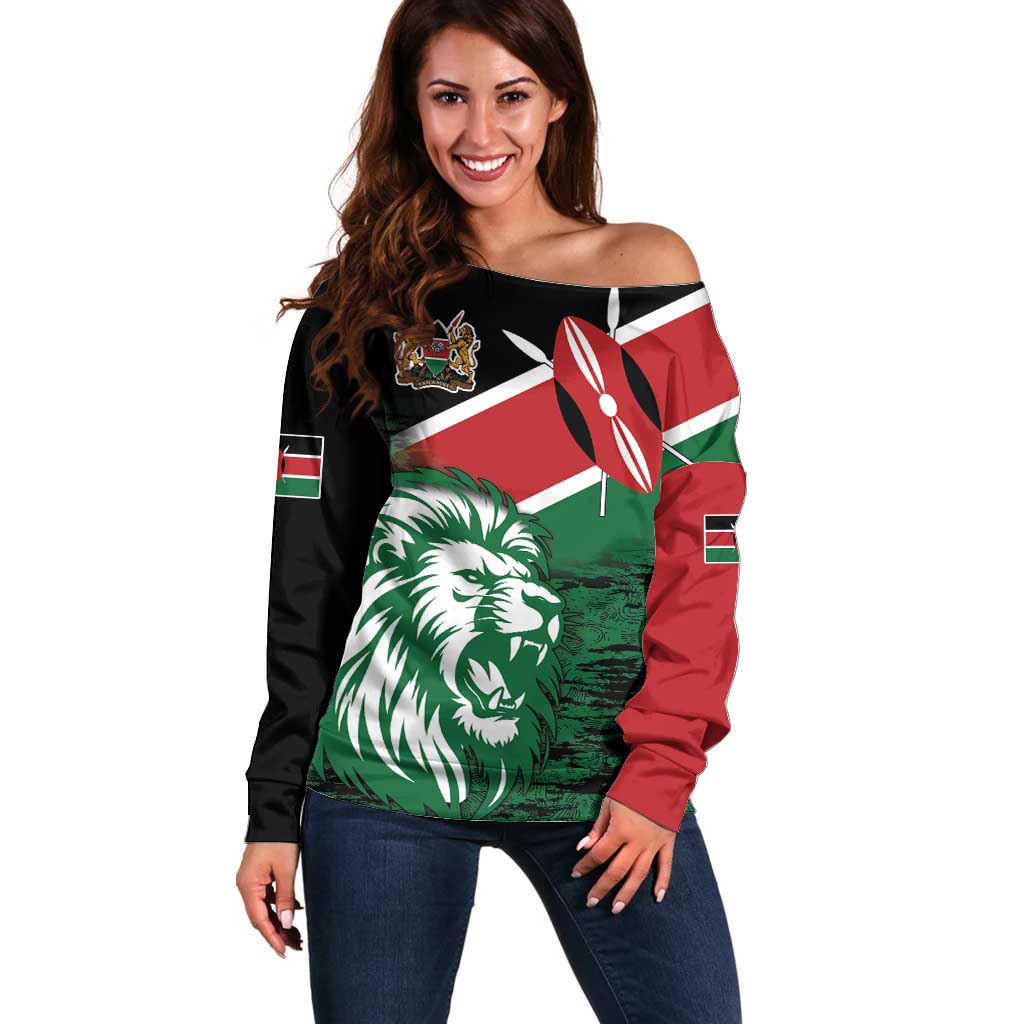 Kenya Lion Head Off Shoulder Sweater Flag Style - Wonder Print Shop