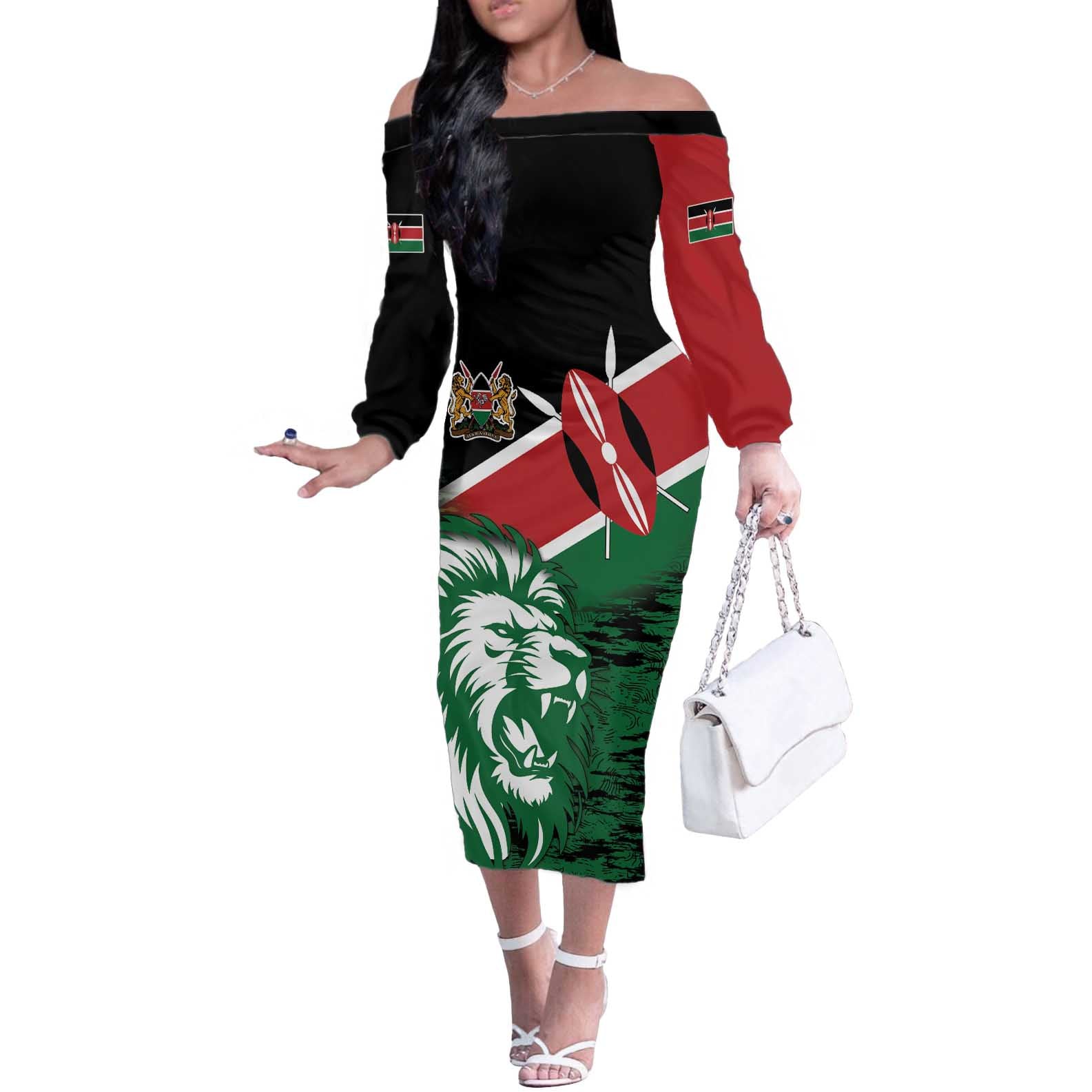 Kenya Lion Head Off The Shoulder Long Sleeve Dress Flag Style - Wonder Print Shop