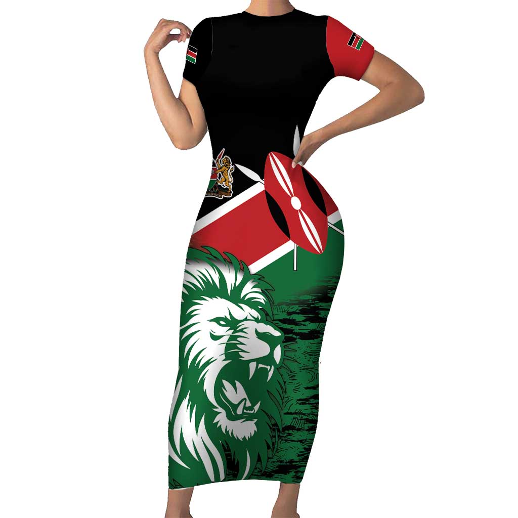 Kenya Lion Head Short Sleeve Bodycon Dress Flag Style - Wonder Print Shop