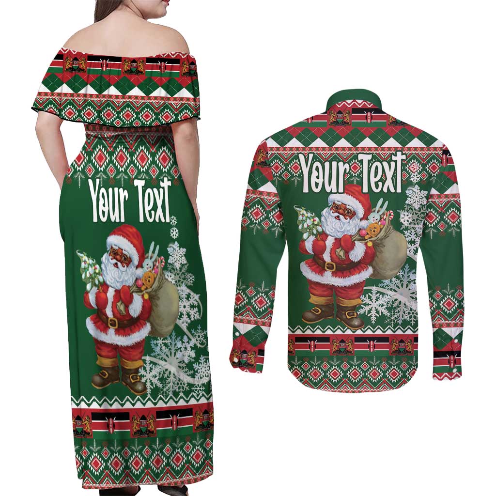 Personalized Kenya Christmas Couples Matching Off Shoulder Maxi Dress and Long Sleeve Button Shirt African Santa Claus - Heri ya Krismasi - Wonder Print Shop