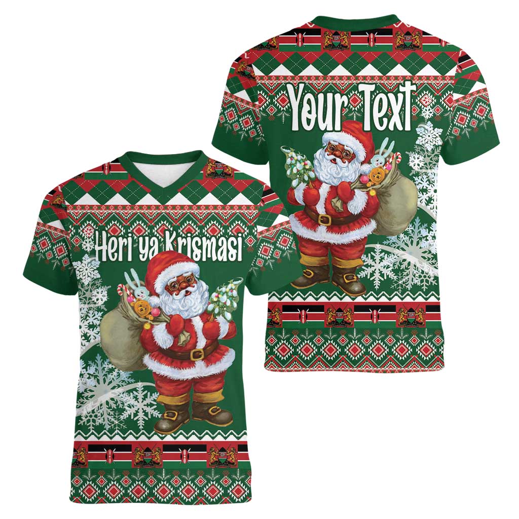 Personalized Kenya Christmas Women V-Neck T-Shirt African Santa Claus - Heri ya Krismasi - Wonder Print Shop