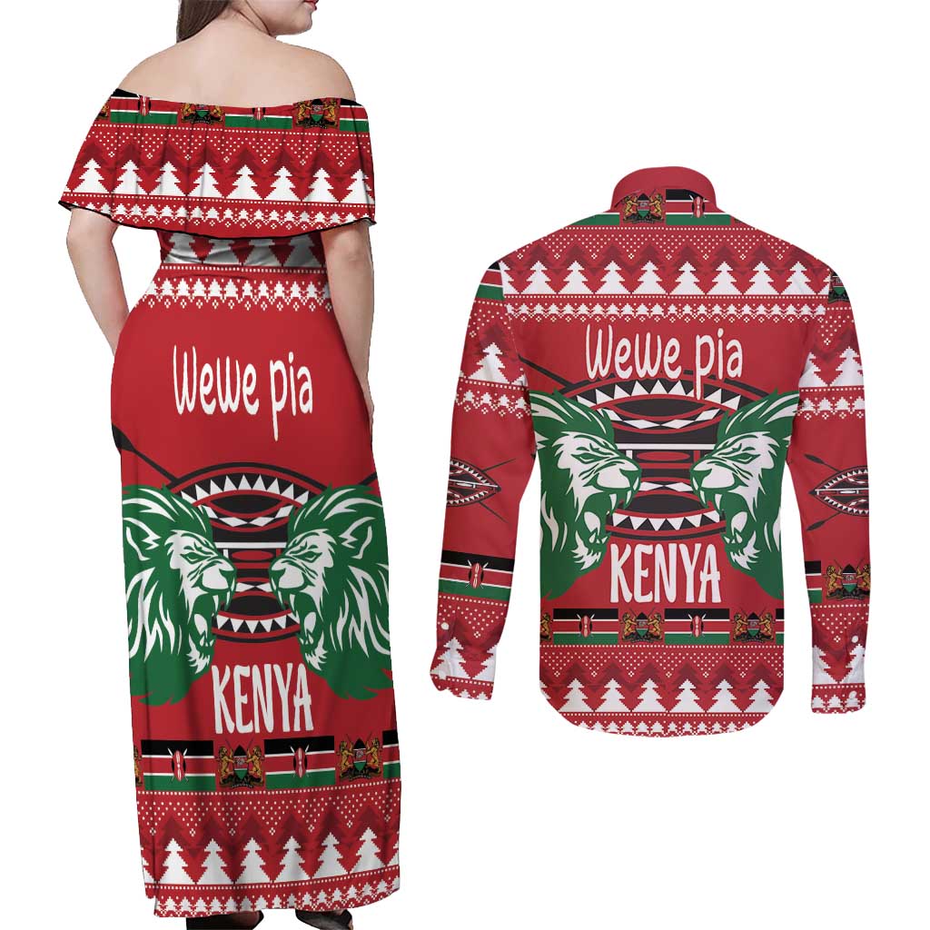 Kenya Christmas Lion Couples Matching Off Shoulder Maxi Dress and Long Sleeve Button Shirt Heri ya Krismasi - Wewe pia - Wonder Print Shop