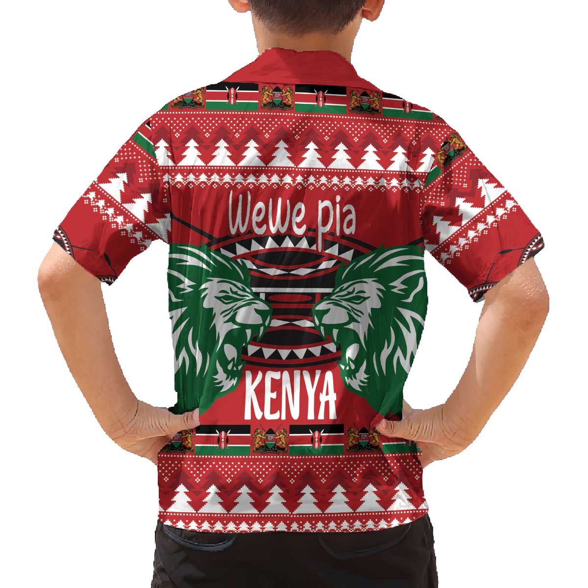 Kenya Christmas Lion Family Matching Off The Shoulder Long Sleeve Dress and Hawaiian Shirt Heri ya Krismasi - Wewe pia - Wonder Print Shop