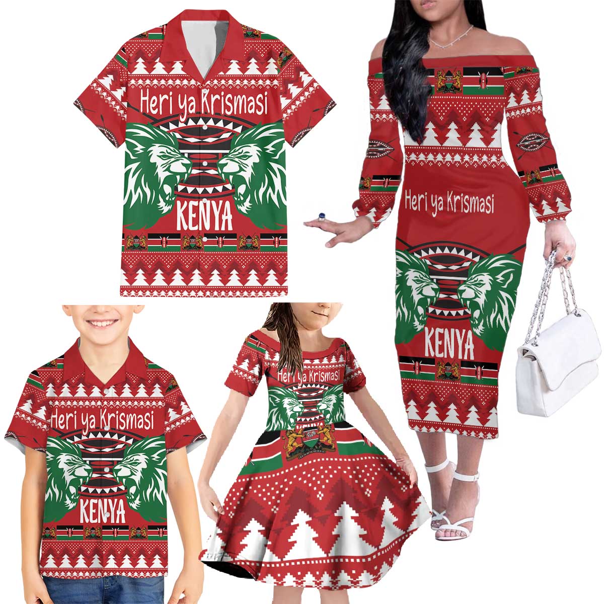 Kenya Christmas Lion Family Matching Off The Shoulder Long Sleeve Dress and Hawaiian Shirt Heri ya Krismasi - Wewe pia - Wonder Print Shop