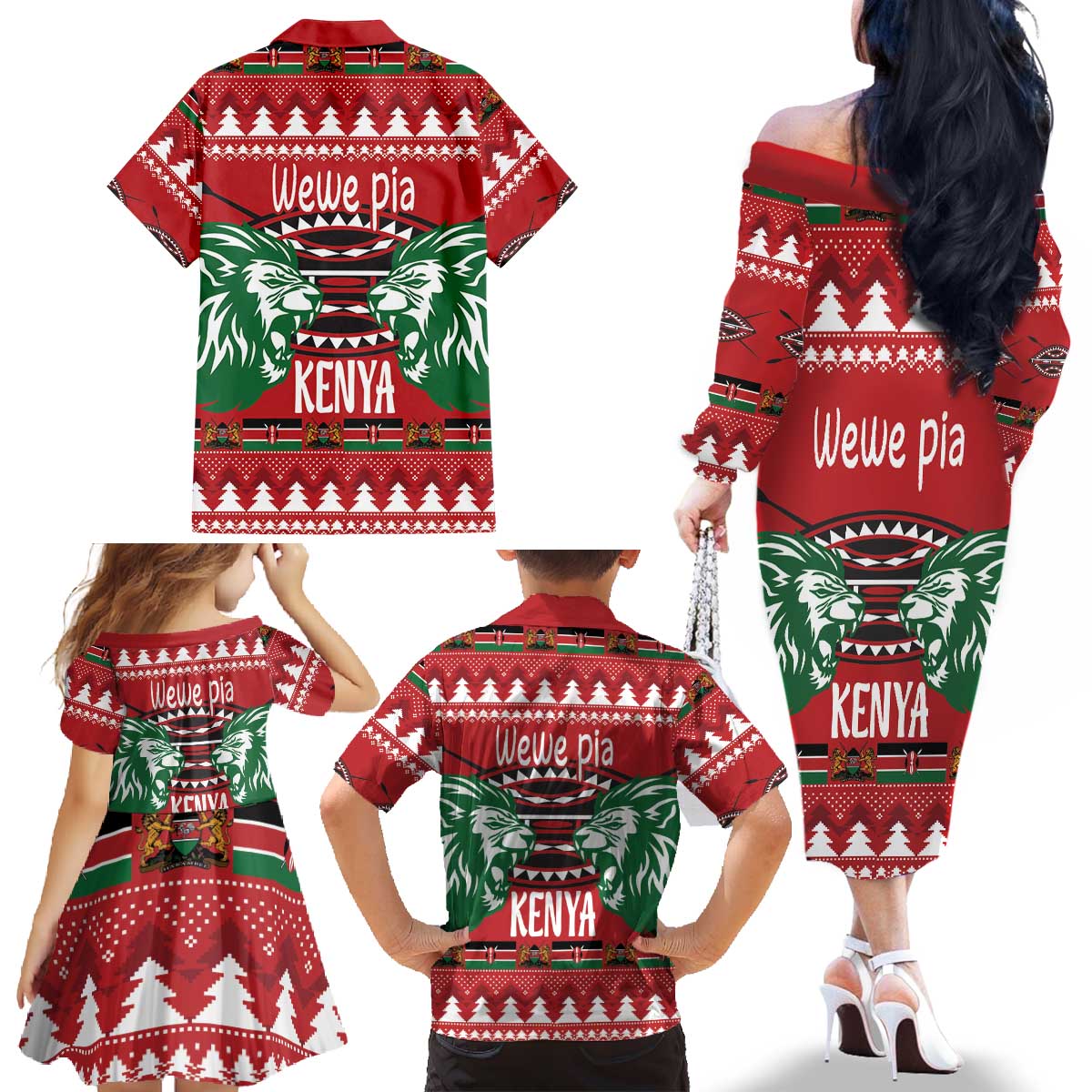 Kenya Christmas Lion Family Matching Off The Shoulder Long Sleeve Dress and Hawaiian Shirt Heri ya Krismasi - Wewe pia - Wonder Print Shop
