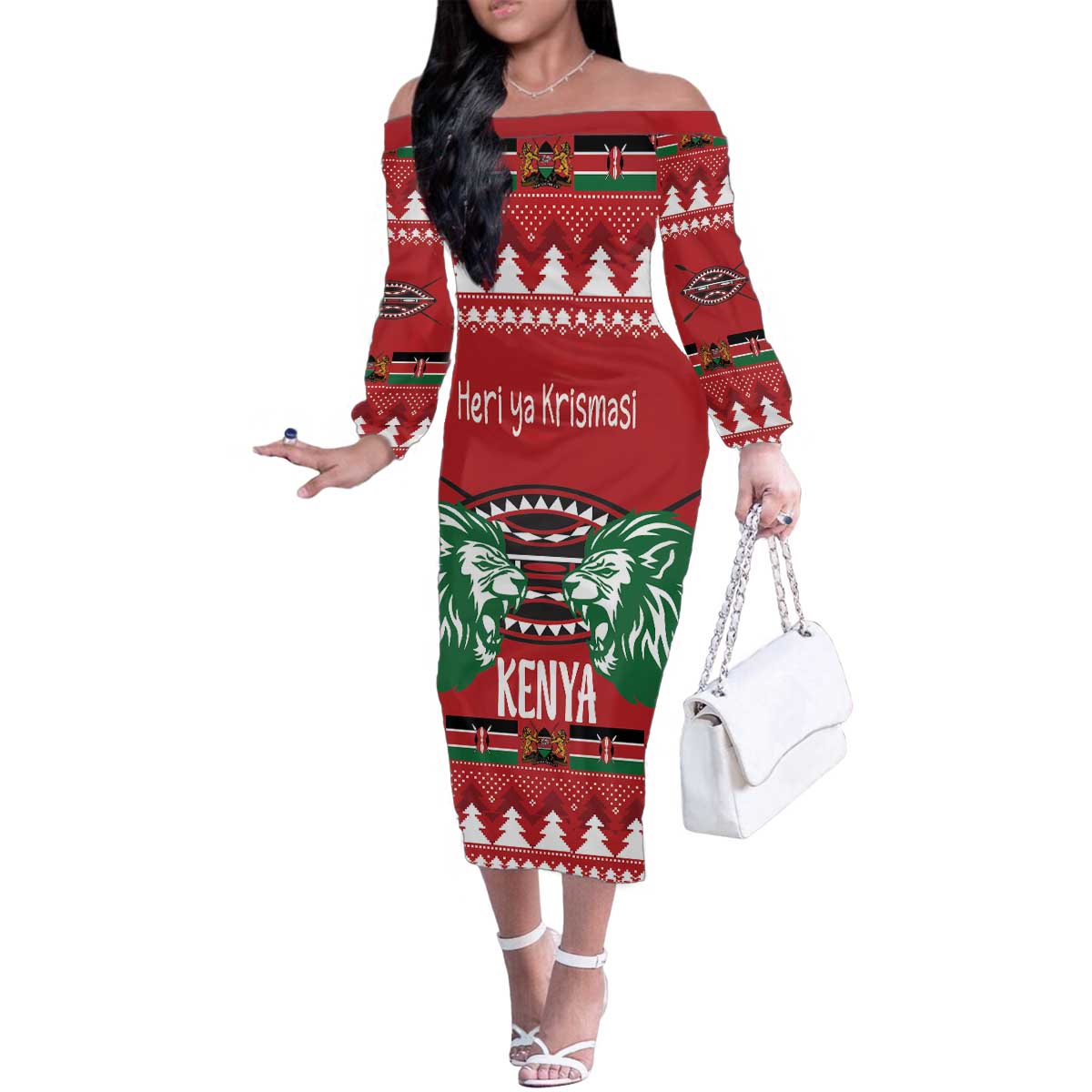 Kenya Christmas Lion Family Matching Off The Shoulder Long Sleeve Dress and Hawaiian Shirt Heri ya Krismasi - Wewe pia - Wonder Print Shop