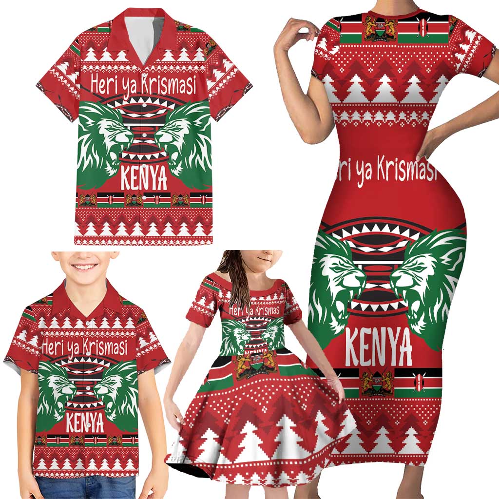 Kenya Christmas Lion Family Matching Short Sleeve Bodycon Dress and Hawaiian Shirt Heri ya Krismasi - Wewe pia - Wonder Print Shop