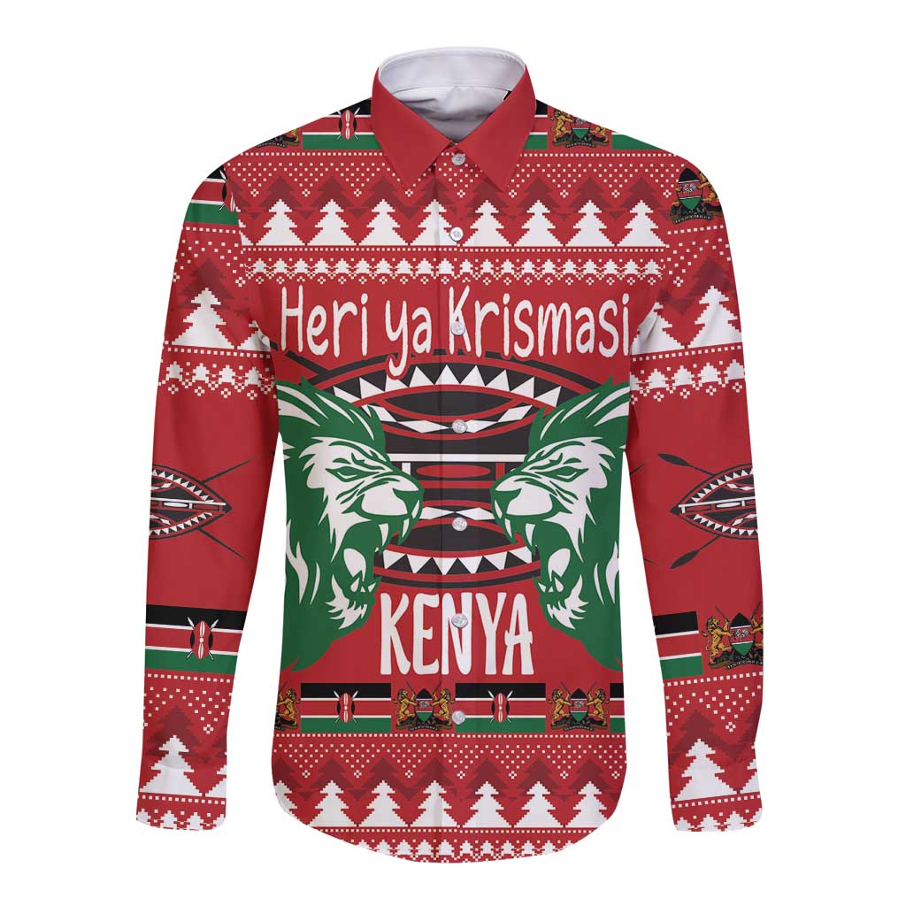 Kenya Christmas Lion Long Sleeve Button Shirt Heri ya Krismasi - Wewe pia - Wonder Print Shop