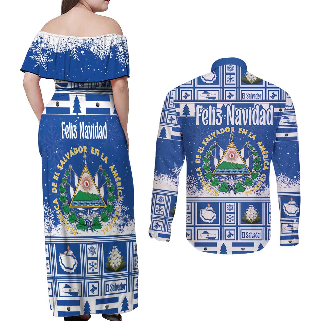 El Salvador Christmas Couples Matching Off Shoulder Maxi Dress and Long Sleeve Button Shirt The Torogoz Cartoon With Coat Of Arms - Wonder Print Shop