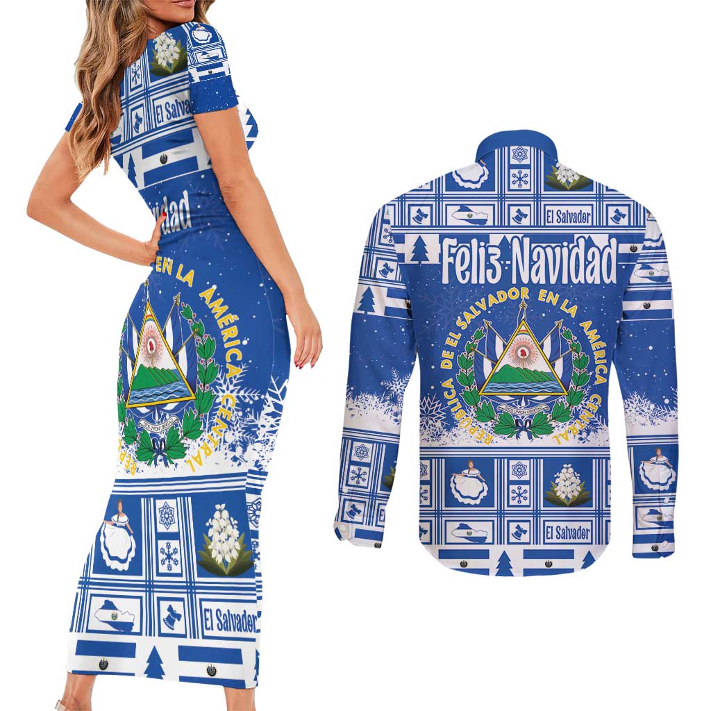 El Salvador Christmas Couples Matching Short Sleeve Bodycon Dress and Long Sleeve Button Shirt The Torogoz Cartoon With Coat Of Arms - Wonder Print Shop