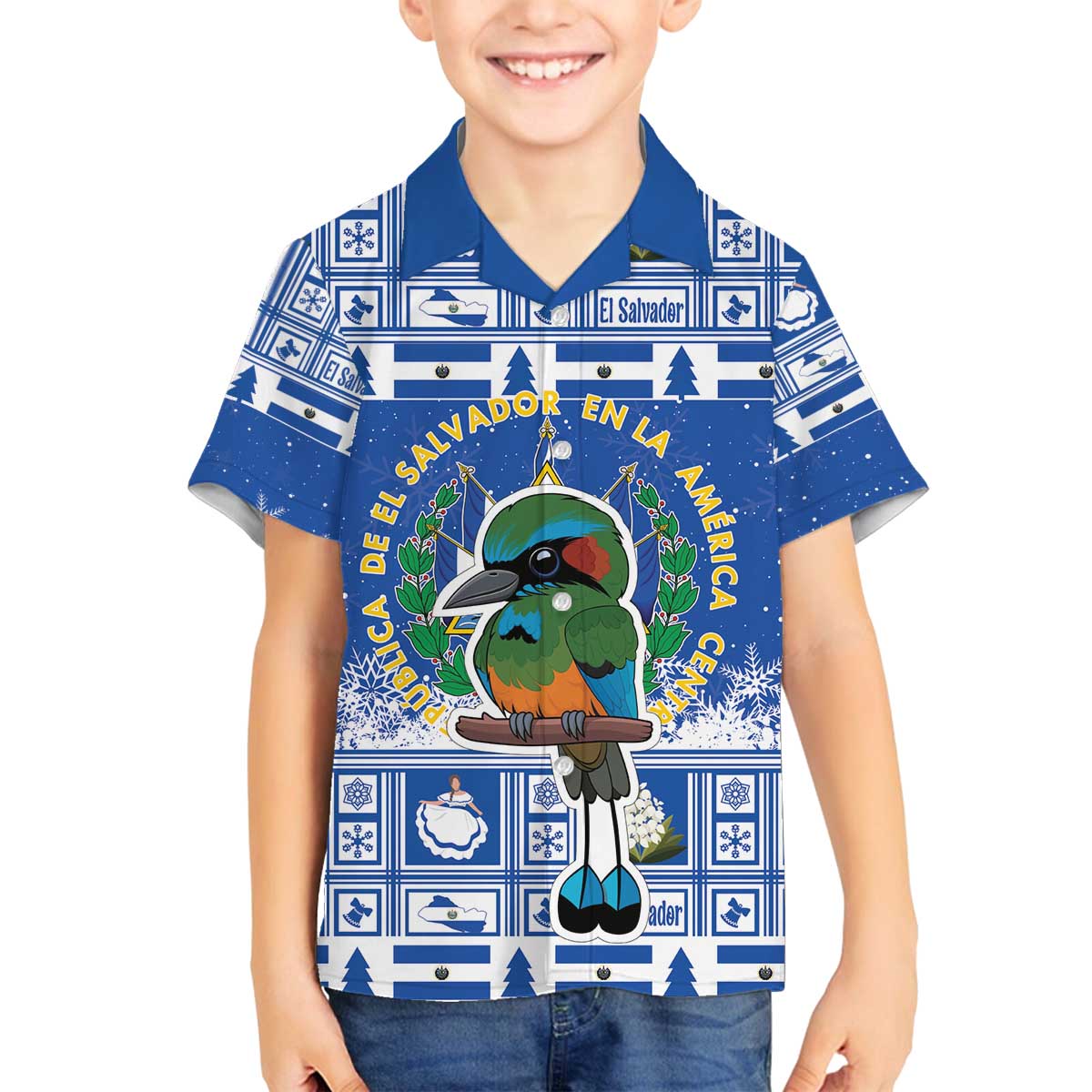 El Salvador Christmas Family Matching Off The Shoulder Long Sleeve Dress and Hawaiian Shirt The Torogoz Cartoon With Coat Of Arms - Wonder Print Shop