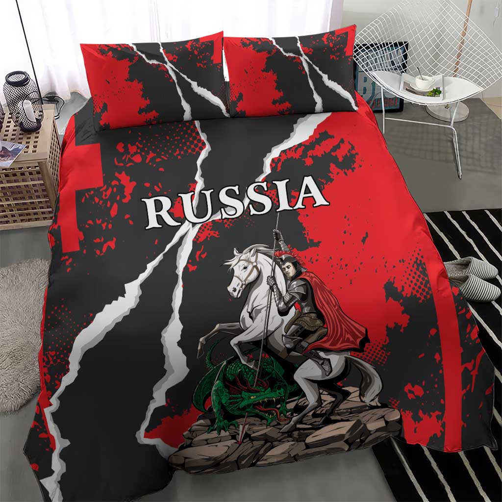 Russia Knight Fighting With Dragon Bedding Set Grunge Style