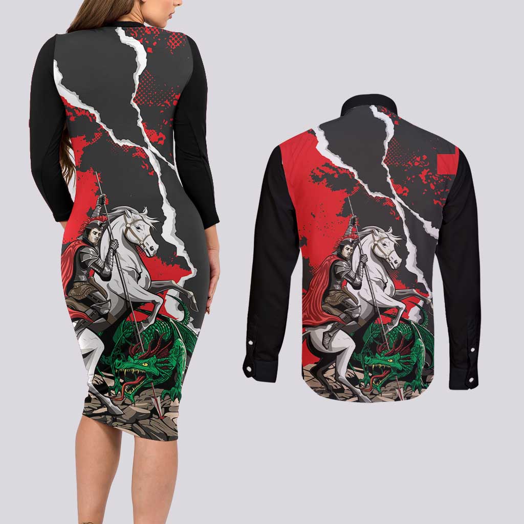 Russia Knight Fighting With Dragon Couples Matching Long Sleeve Bodycon Dress and Long Sleeve Button Shirt Grunge Style