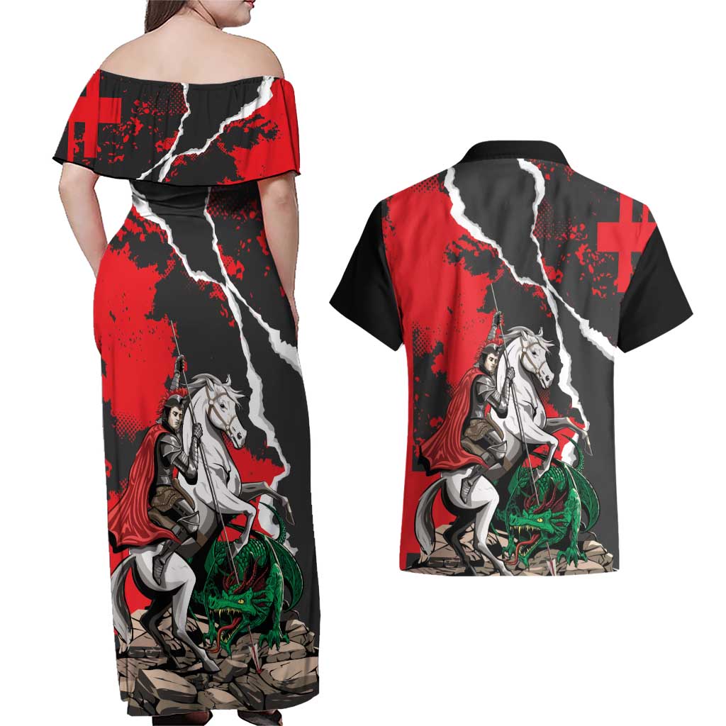 Russia Knight Fighting With Dragon Couples Matching Off Shoulder Maxi Dress and Hawaiian Shirt Grunge Style