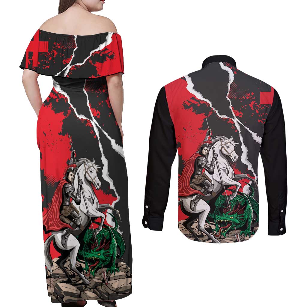 Russia Knight Fighting With Dragon Couples Matching Off Shoulder Maxi Dress and Long Sleeve Button Shirt Grunge Style