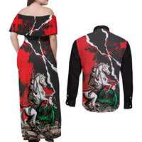 Russia Knight Fighting With Dragon Couples Matching Off Shoulder Maxi Dress and Long Sleeve Button Shirt Grunge Style