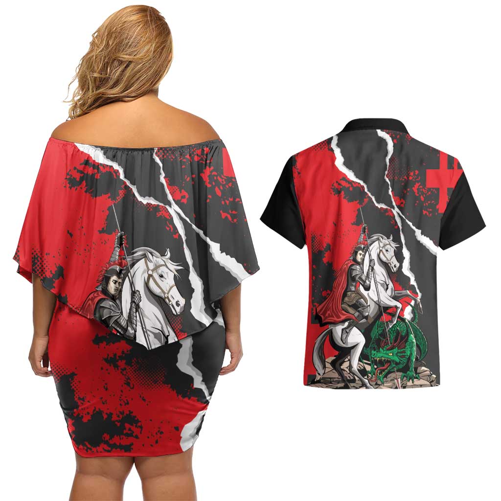 Russia Knight Fighting With Dragon Couples Matching Off Shoulder Short Dress and Hawaiian Shirt Grunge Style