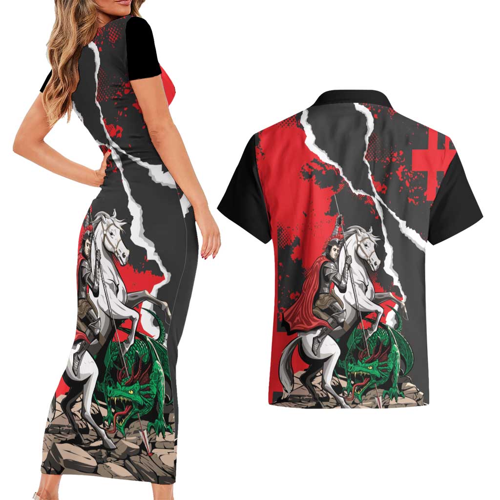 Russia Knight Fighting With Dragon Couples Matching Short Sleeve Bodycon Dress and Hawaiian Shirt Grunge Style