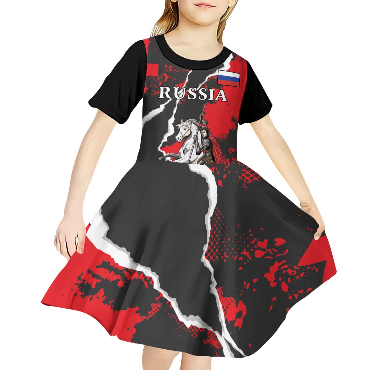 Russia Knight Fighting With Dragon Kid Short Sleeve Dress Grunge Style - Wonder Print Shop