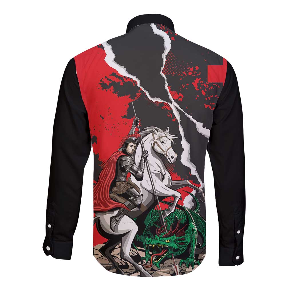 Russia Knight Fighting With Dragon Long Sleeve Button Shirt Grunge Style