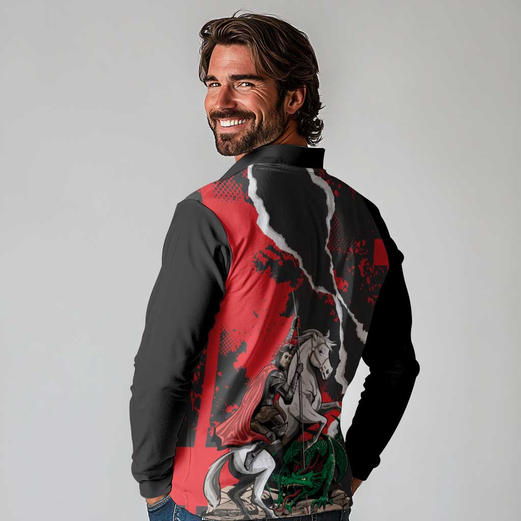 Russia Knight Fighting With Dragon Long Sleeve Polo Shirt Grunge Style - Wonder Print Shop