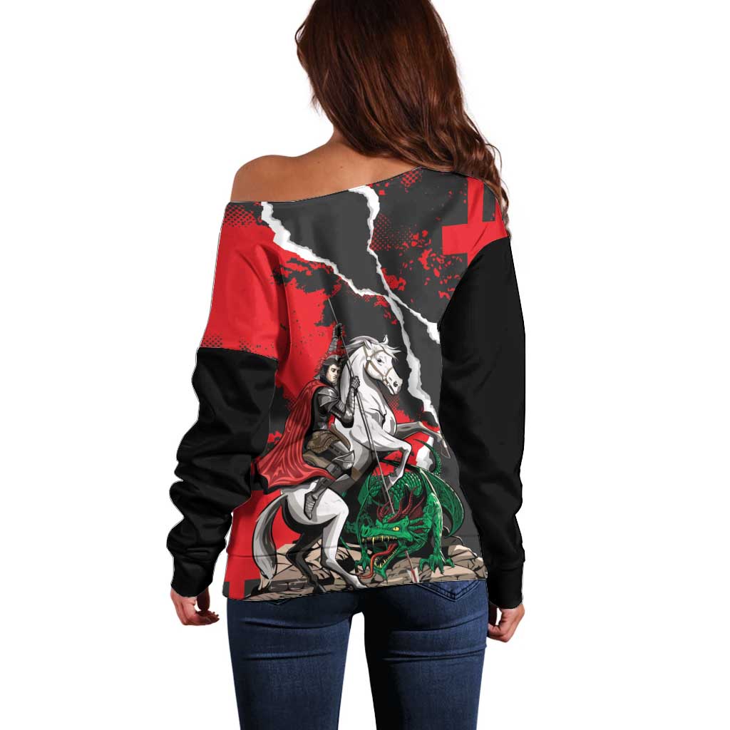 Russia Knight Fighting With Dragon Off Shoulder Sweater Grunge Style - Wonder Print Shop