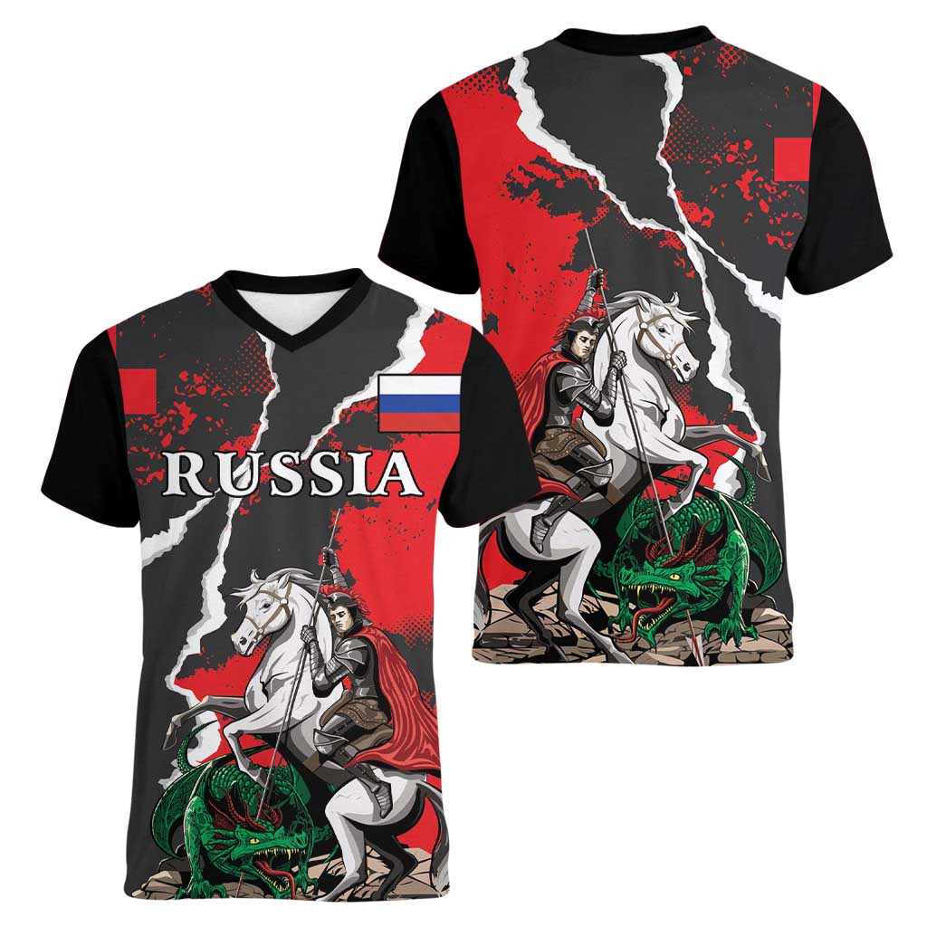 Russia Knight Fighting With Dragon Women V-Neck T-Shirt Grunge Style - Wonder Print Shop