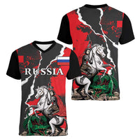 Russia Knight Fighting With Dragon Women V-Neck T-Shirt Grunge Style - Wonder Print Shop
