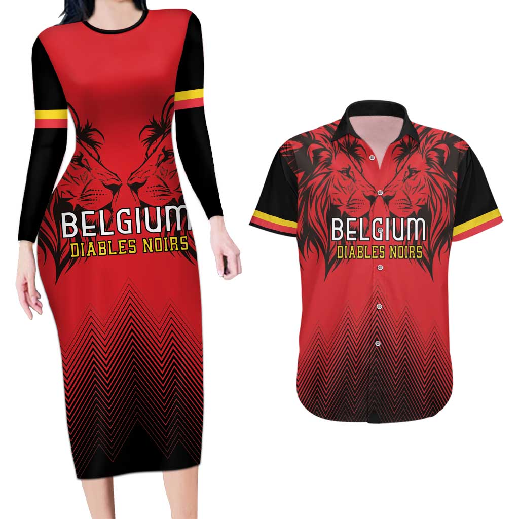Custom Belgium Rugby Couples Matching Long Sleeve Bodycon Dress and Hawaiian Shirt Diables Noirs Lion Head