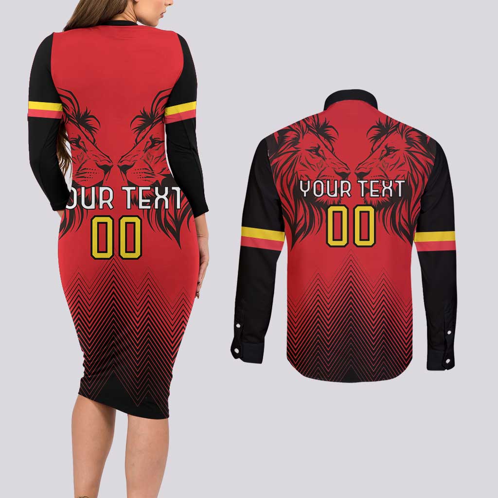 Custom Belgium Rugby Couples Matching Long Sleeve Bodycon Dress and Long Sleeve Button Shirt Diables Noirs Lion Head