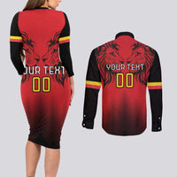 Custom Belgium Rugby Couples Matching Long Sleeve Bodycon Dress and Long Sleeve Button Shirt Diables Noirs Lion Head