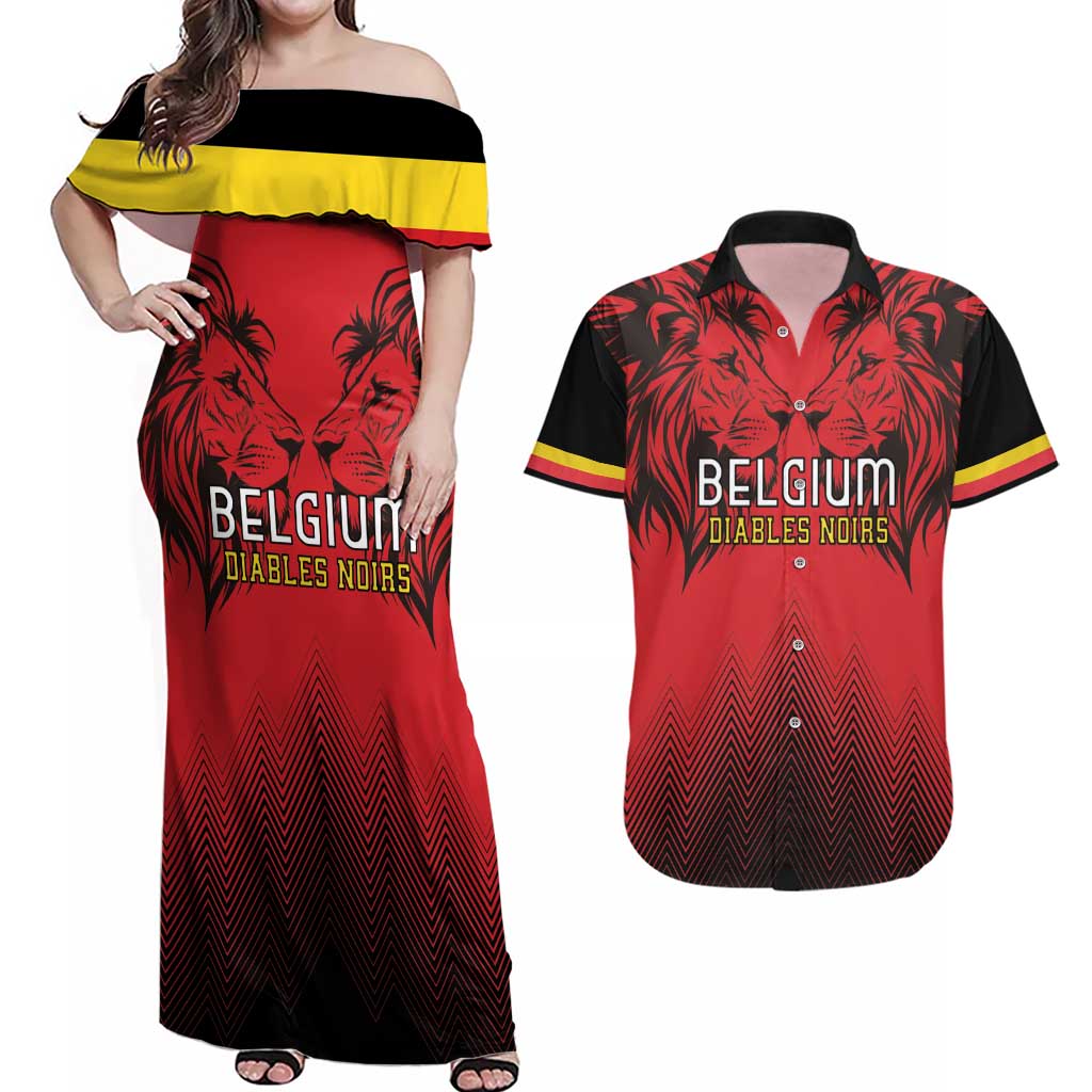 Custom Belgium Rugby Couples Matching Off Shoulder Maxi Dress and Hawaiian Shirt Diables Noirs Lion Head