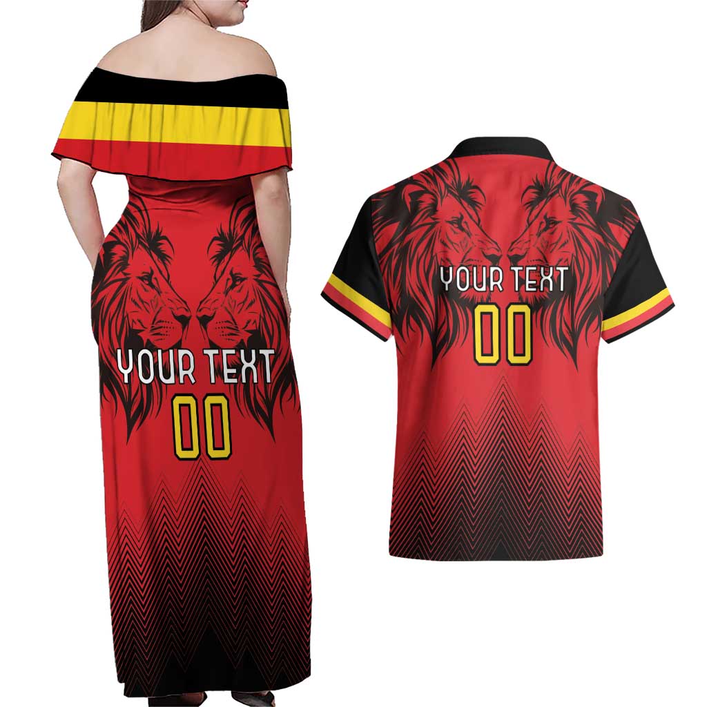 Custom Belgium Rugby Couples Matching Off Shoulder Maxi Dress and Hawaiian Shirt Diables Noirs Lion Head