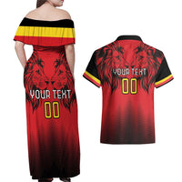 Custom Belgium Rugby Couples Matching Off Shoulder Maxi Dress and Hawaiian Shirt Diables Noirs Lion Head