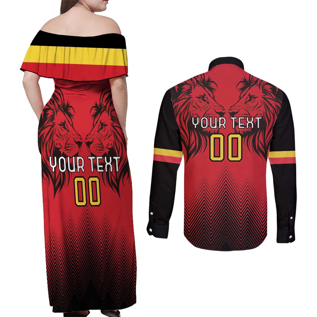 Custom Belgium Rugby Couples Matching Off Shoulder Maxi Dress and Long Sleeve Button Shirt Diables Noirs Lion Head