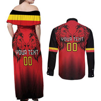 Custom Belgium Rugby Couples Matching Off Shoulder Maxi Dress and Long Sleeve Button Shirt Diables Noirs Lion Head