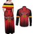 Custom Belgium Rugby Couples Matching Off Shoulder Maxi Dress and Long Sleeve Button Shirt Diables Noirs Lion Head