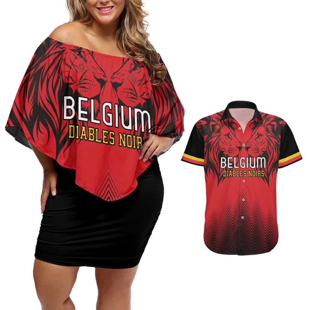 Custom Belgium Rugby Couples Matching Off Shoulder Short Dress and Hawaiian Shirt Diables Noirs Lion Head
