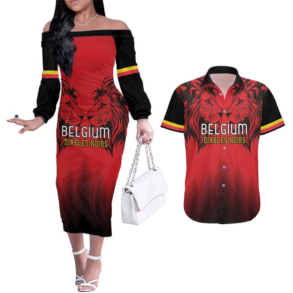 Custom Belgium Rugby Couples Matching Off The Shoulder Long Sleeve Dress and Hawaiian Shirt Diables Noirs Lion Head
