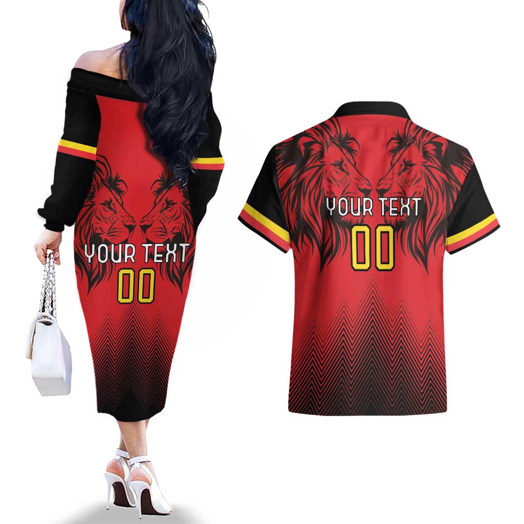 Custom Belgium Rugby Couples Matching Off The Shoulder Long Sleeve Dress and Hawaiian Shirt Diables Noirs Lion Head