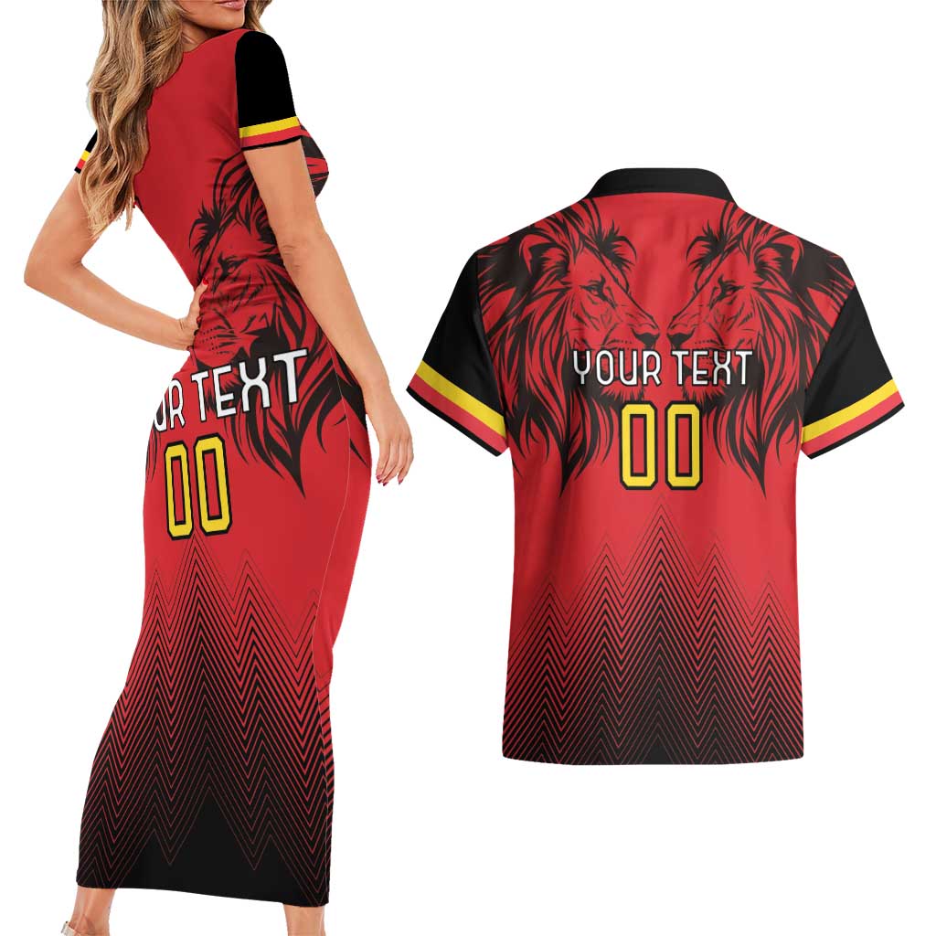 Custom Belgium Rugby Couples Matching Short Sleeve Bodycon Dress and Hawaiian Shirt Diables Noirs Lion Head