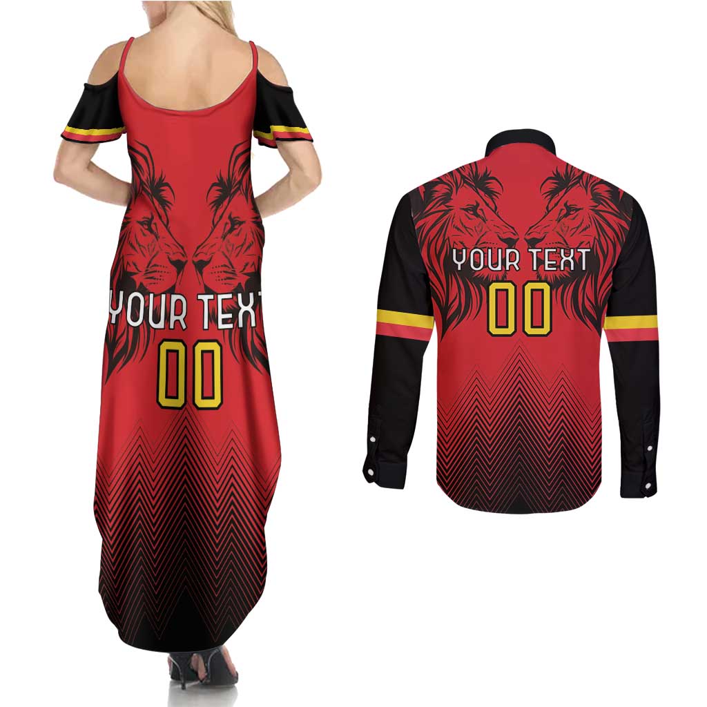 Custom Belgium Rugby Couples Matching Summer Maxi Dress and Long Sleeve Button Shirt Diables Noirs Lion Head