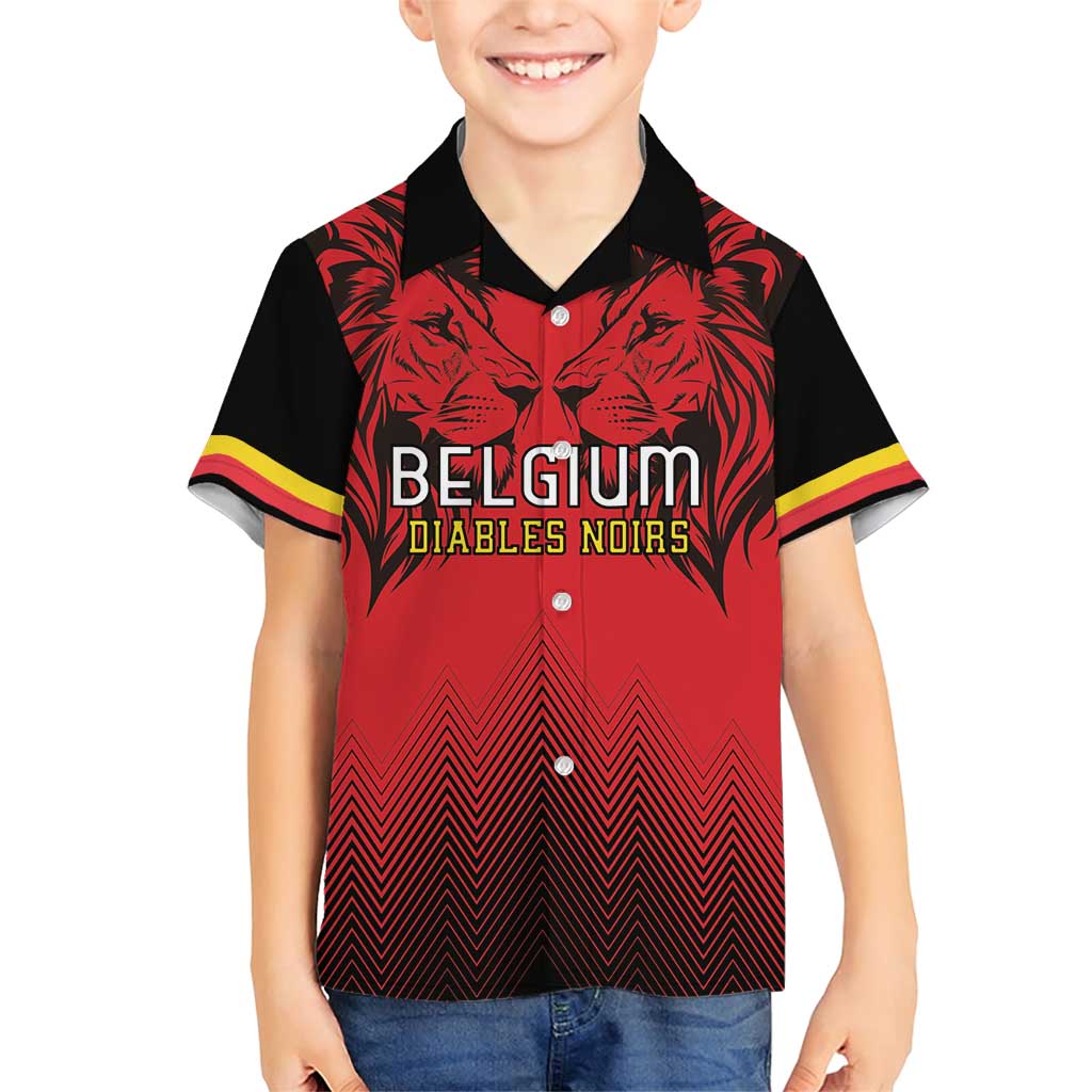 Custom Belgium Rugby Family Matching Short Sleeve Bodycon Dress and Hawaiian Shirt Diables Noirs Lion Head - Wonder Print Shop