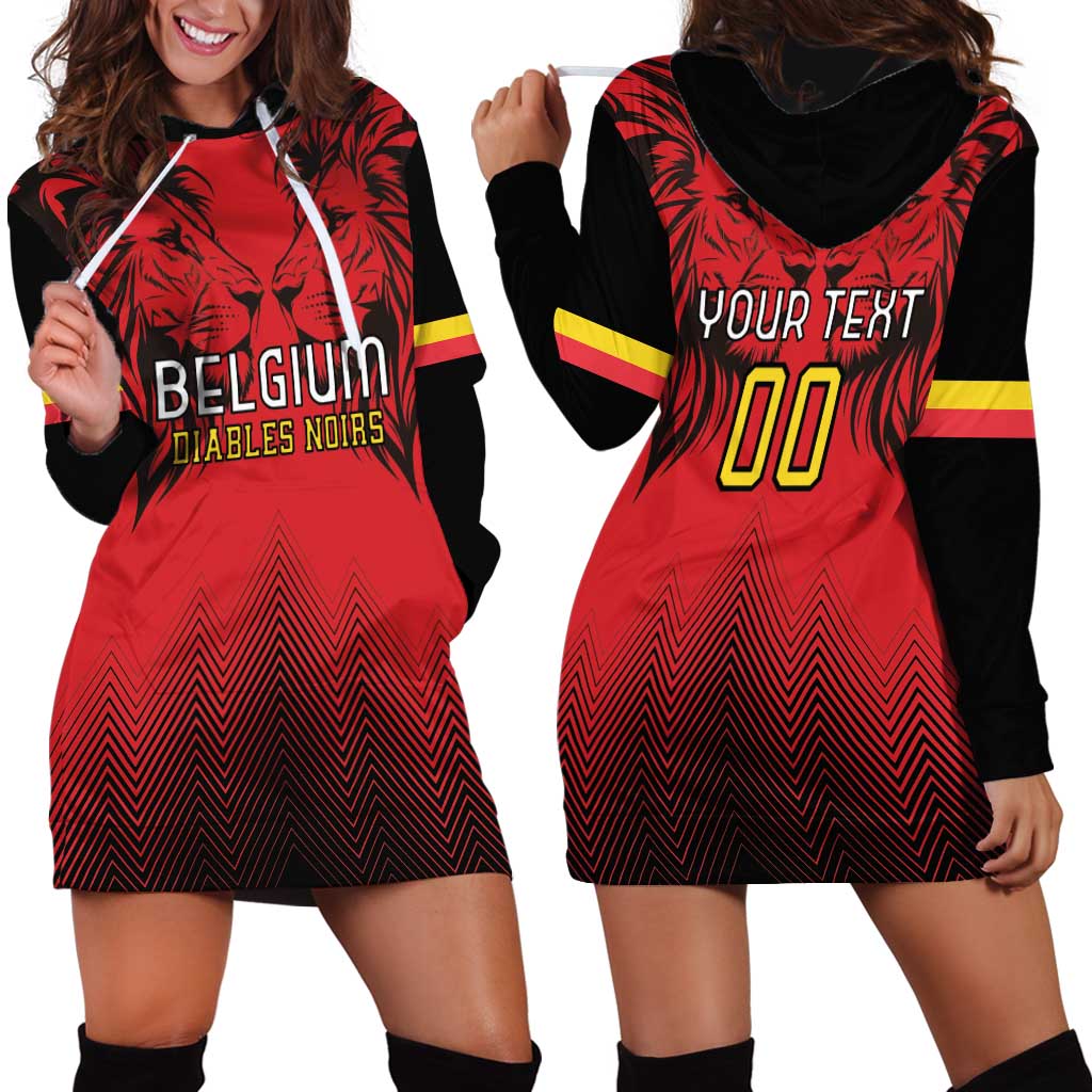 Custom Belgium Rugby Hoodie Dress Diables Noirs Lion Head - Wonder Print Shop