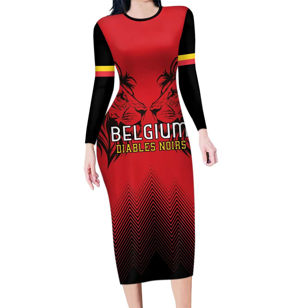 Custom Belgium Rugby Long Sleeve Bodycon Dress Diables Noirs Lion Head - Wonder Print Shop