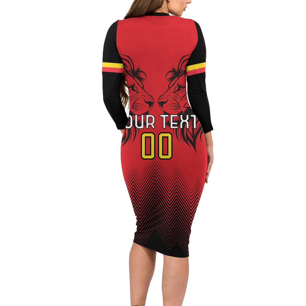 Custom Belgium Rugby Long Sleeve Bodycon Dress Diables Noirs Lion Head - Wonder Print Shop