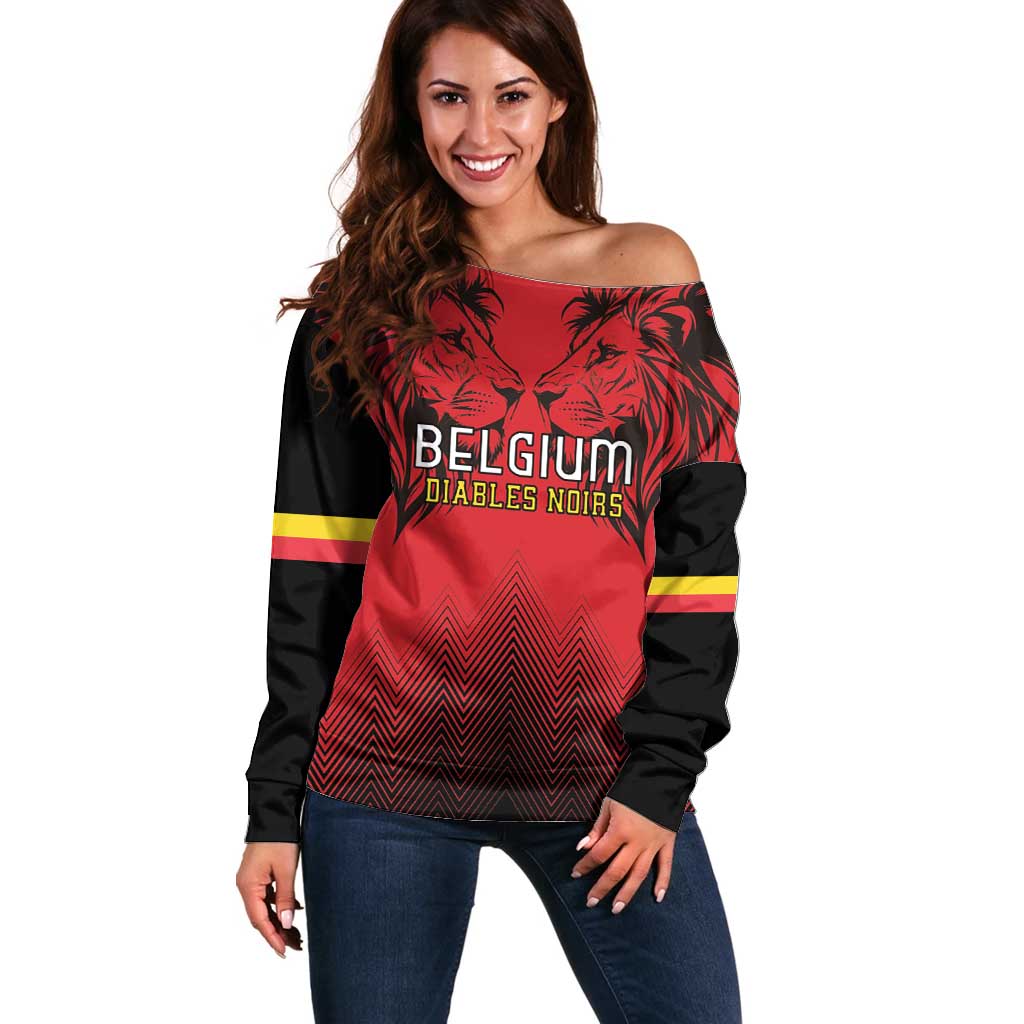 Custom Belgium Rugby Off Shoulder Sweater Diables Noirs Lion Head - Wonder Print Shop