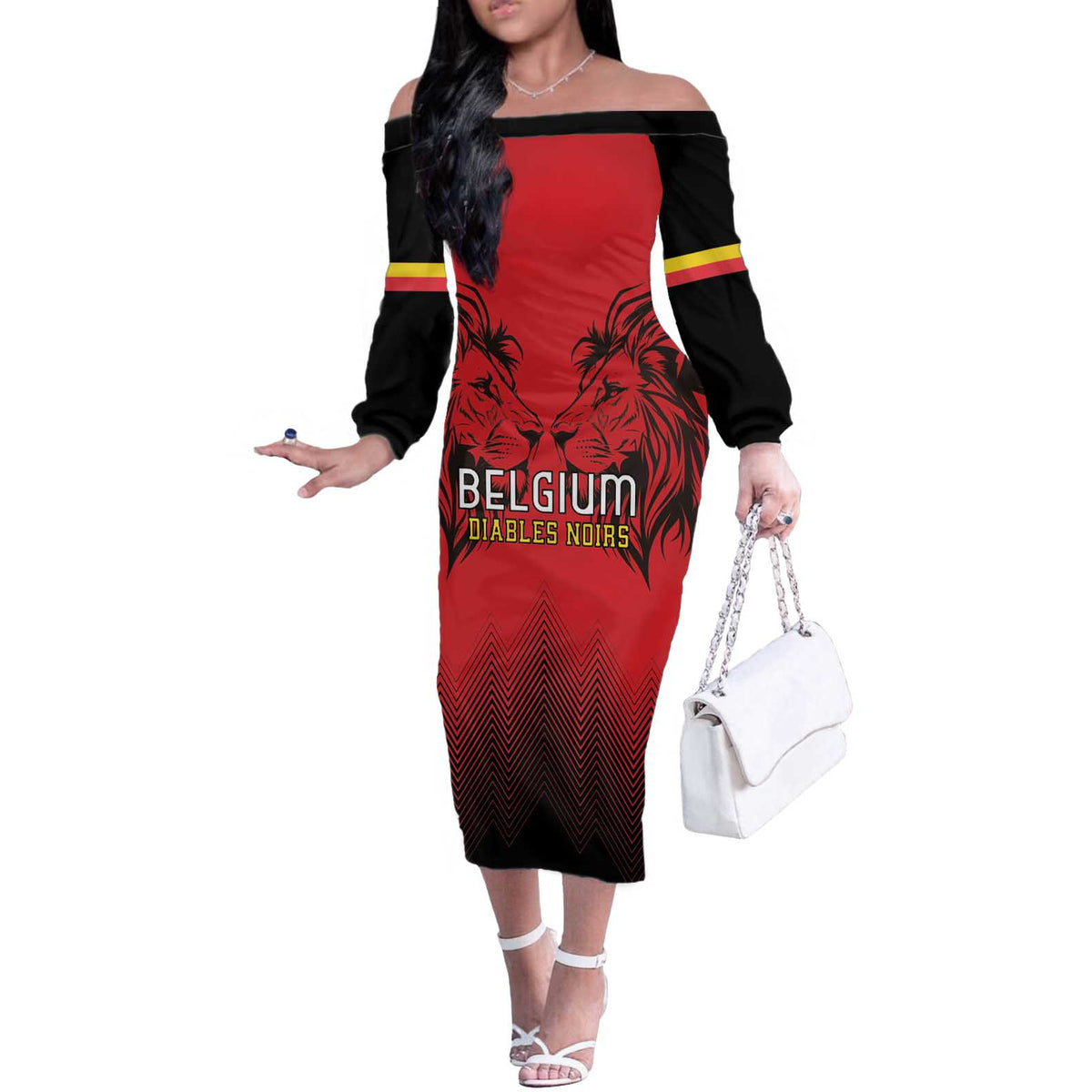 Custom Belgium Rugby Off The Shoulder Long Sleeve Dress Diables Noirs Lion Head - Wonder Print Shop