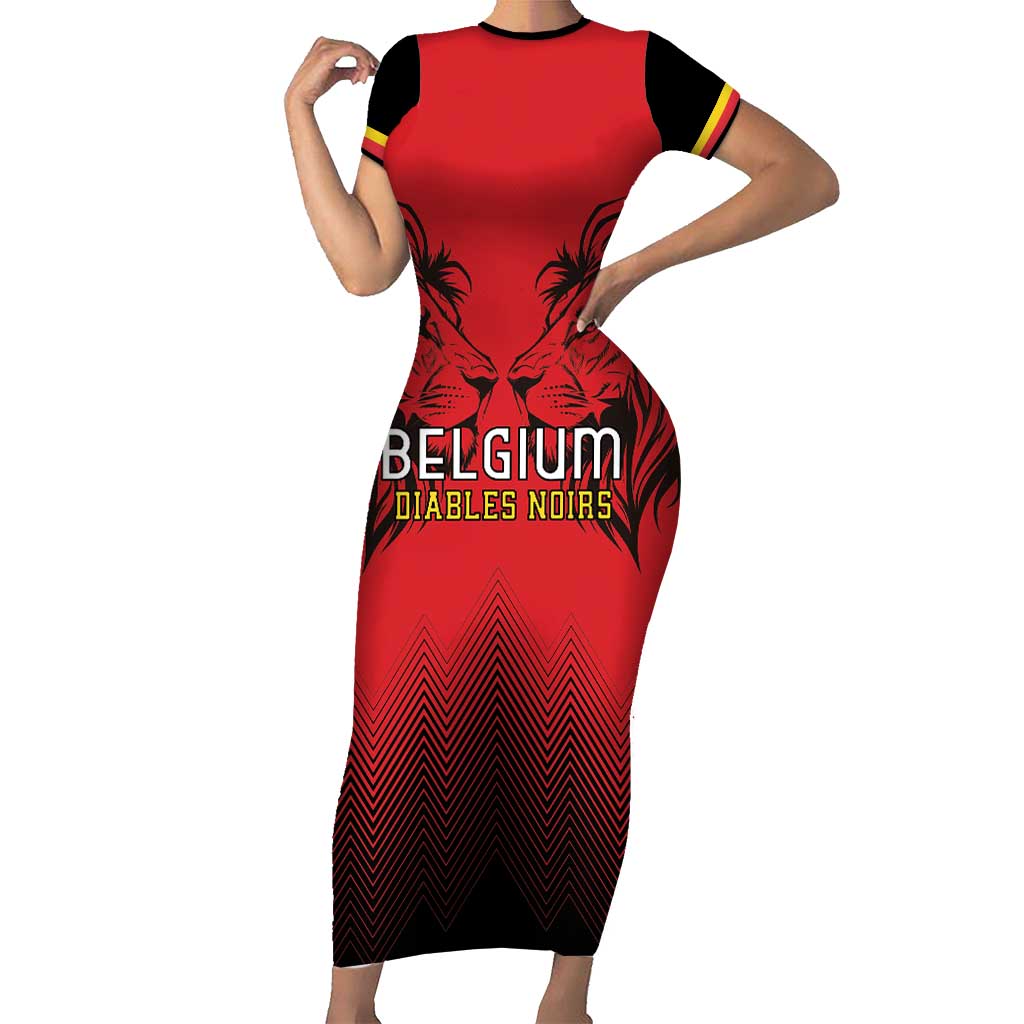 Custom Belgium Rugby Short Sleeve Bodycon Dress Diables Noirs Lion Head - Wonder Print Shop